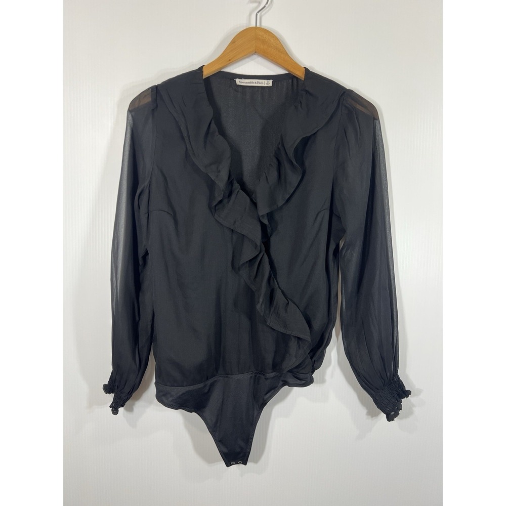 Abercrombie & Fitch Chiffon Ruffle Bodysuit Size Small Black Sheer Long Sleeve - Picture 2 of 11